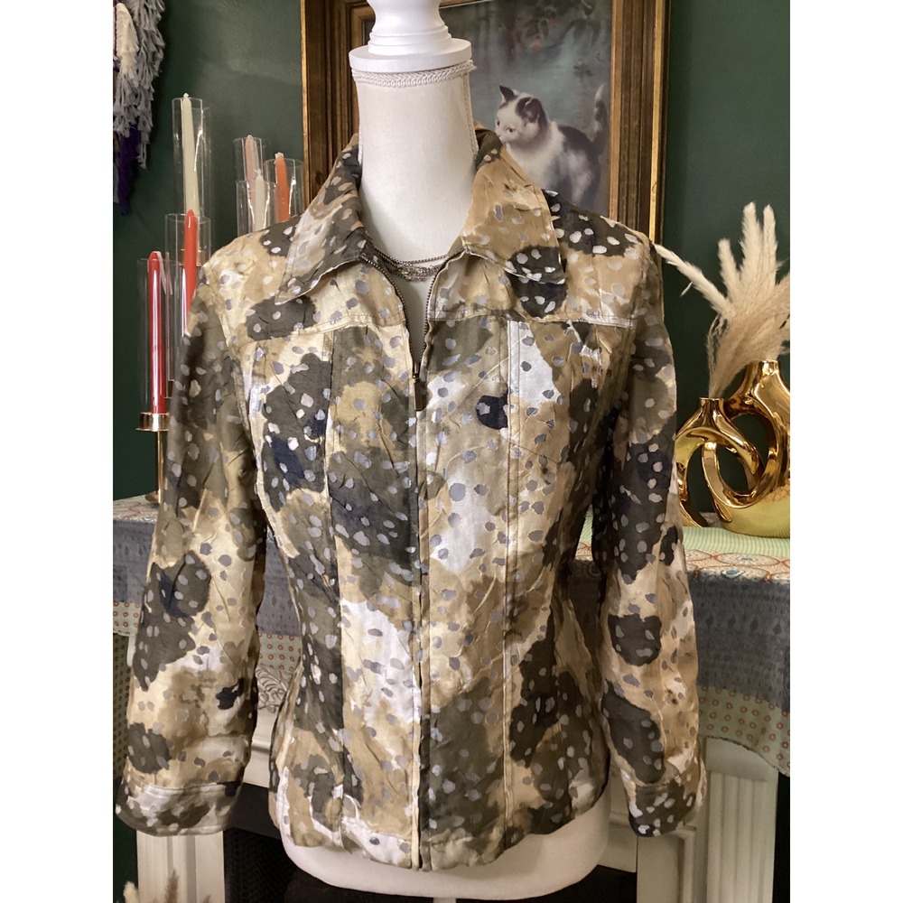 Ruby Rd Favorites Women Tan Abstract Burnout Zip Front Jacket Semi Sheer Size 6